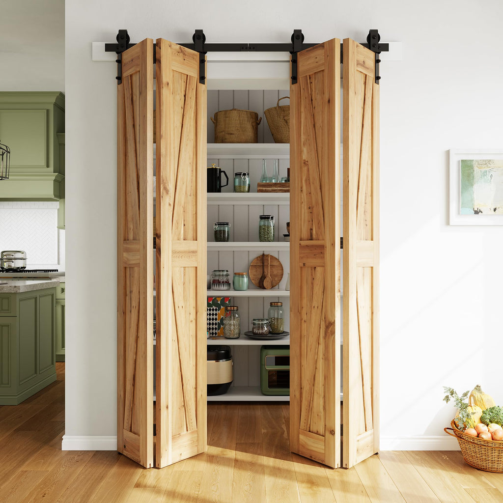 SMARTSTANDARD 5.3ft/64'' Bi-Folding Sliding Barn Door Hardware Kit, Bifold Barn Door Hardware Heavy Duty Sturdy Side Mounted for 4 Doors -Smoothly and Quietly-Easy to Install, Fit 60'' Door, No Doors