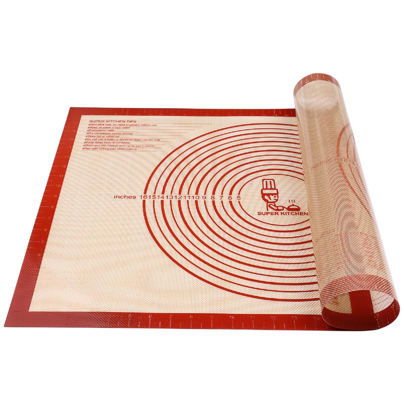 Non-slip Silicone Pastry Mat Extra Large with Measurements 16''By 26'' for Silicone Baking Mat, Counter Mat, Dough Rolling,Oven Liner,Fondant/Pie Crust By Folksy Super Kitchen Red