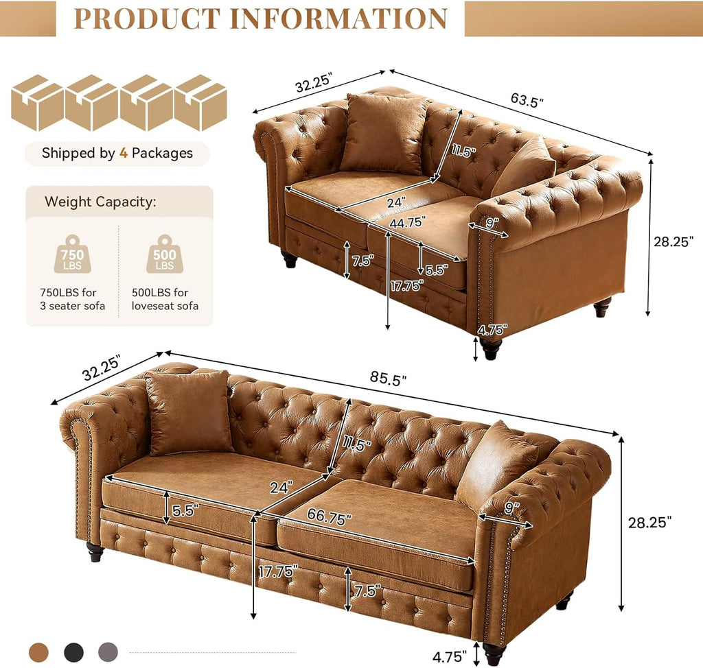 Modern Chesterfield Sofa Set for Living Room, 2 Piece Tech Fabric Furniture Sets 3 Seater Couch&Loveseat Sofa with Rolled Arms and Tufted Button, Office, Brown