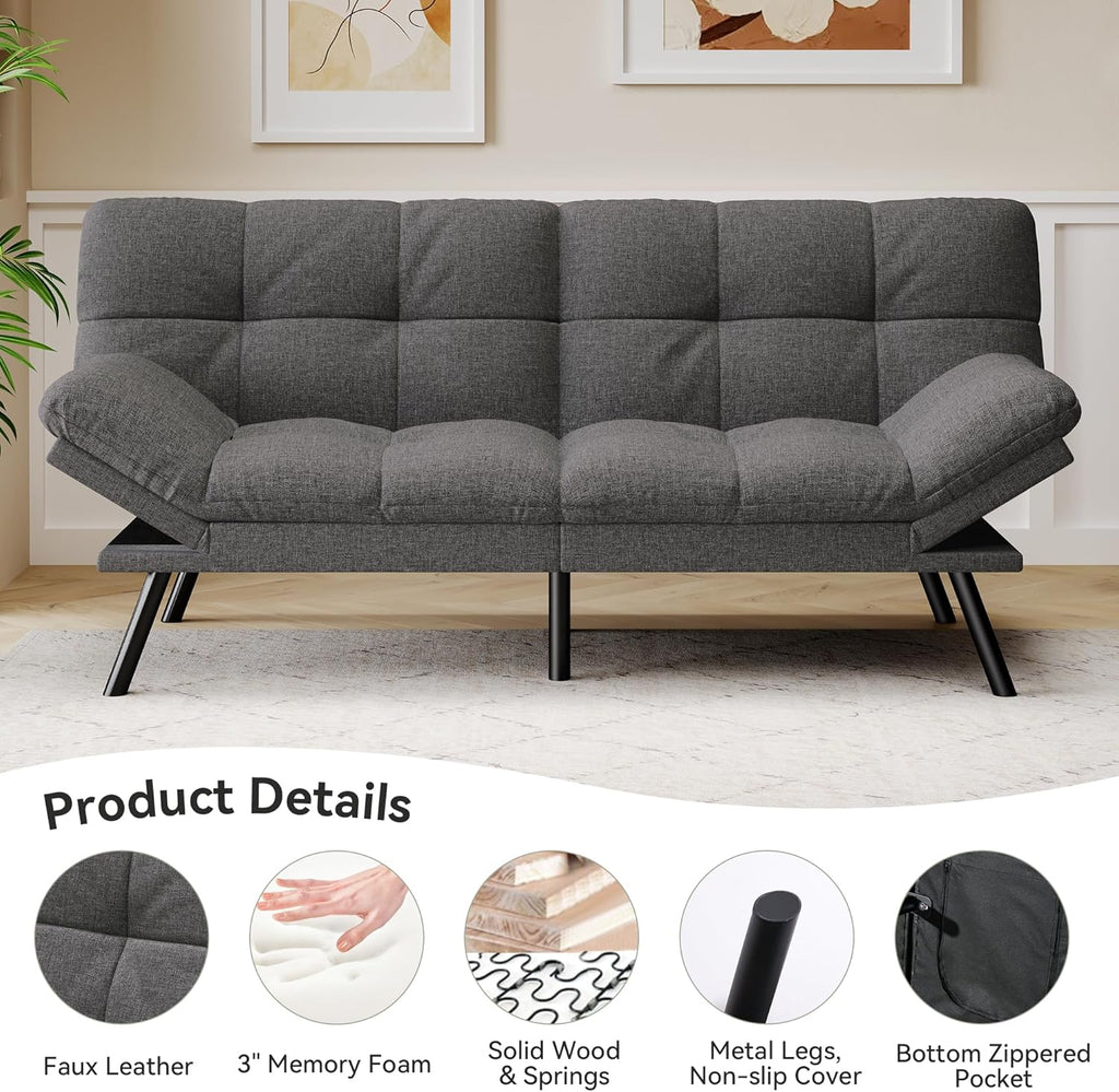 Convertible Futon Sofa Bed,71" Memory Foam Futon Couch,Detachable Cushion,Adjustable Backrest & Armrest,Linen Modern Loveseat Sleeper Recliner for Living Room,Office,Apartment,Medium Grey