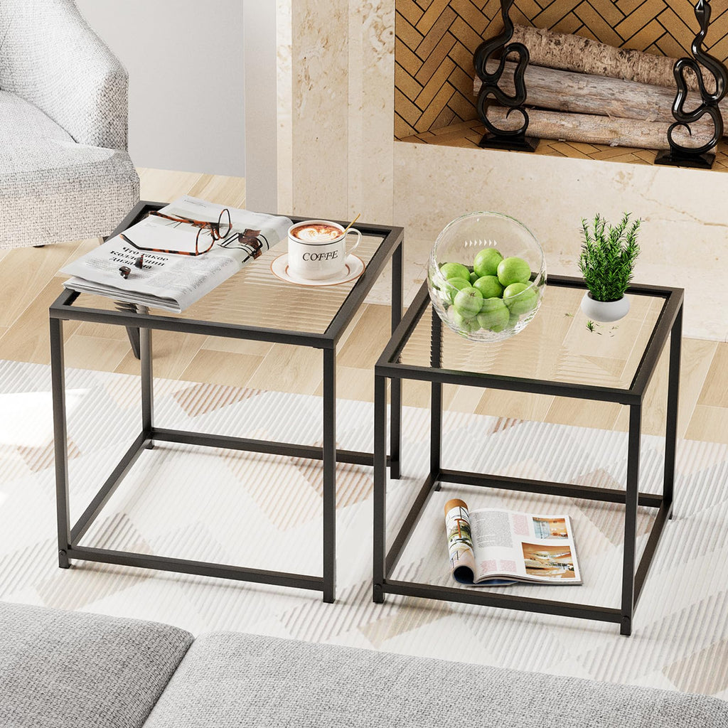 VILAWLENCE Coffee Table Set of 2, Modern Black Glass Side Table, Metal Frame Square End Table, Center Tables,Nesting Coffee Table for Living Room,Bedroom and Small Spaces