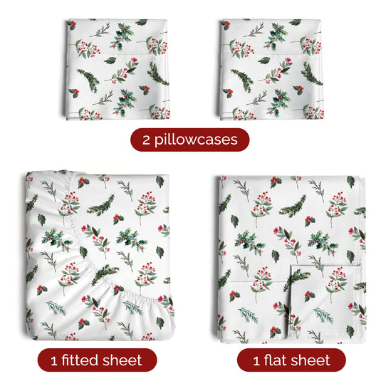 King Christmas Tree Sheet Set - Holiday Xmas Pattern Linen Set - Deep Pockets - Snug Fit - 4 Piece - Wrinkle Free - Comfy & Cooling Festive Winter Bedding - Easy To Care For - Kid Friendly