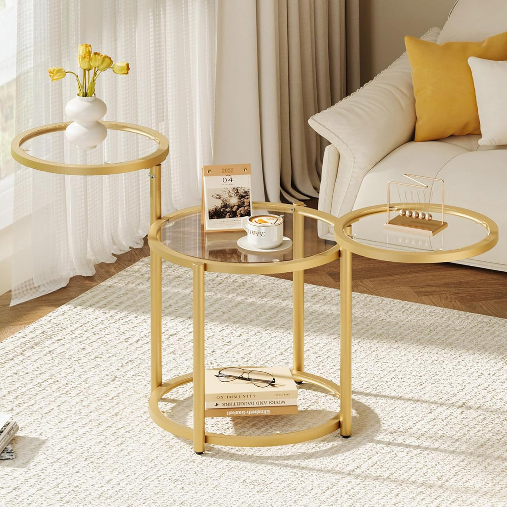 Round Glass Coffee Table - 4 Tier Coffee Tables for Living Room with Rotating Top, Circle Coffee Table with Storage, Modern Clear Center Table with Metal Frame for Small Space, Office, Gold