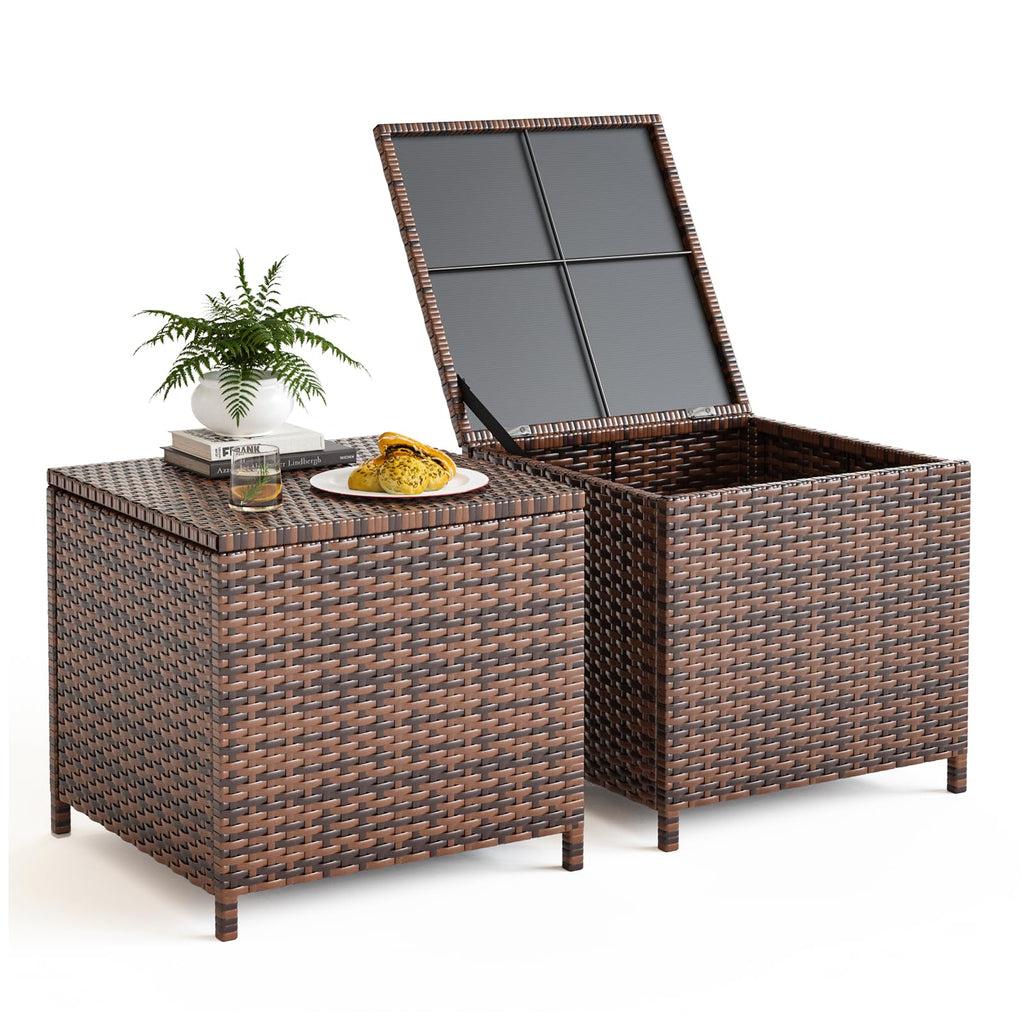 UDPATIO Outdoor Wicker Side Table with Storage Patio Rattan End Table Small Resin Square Container Coffee Table Backyard Pool for Furniture Covers, Toys and Gardening Tools (Grey)