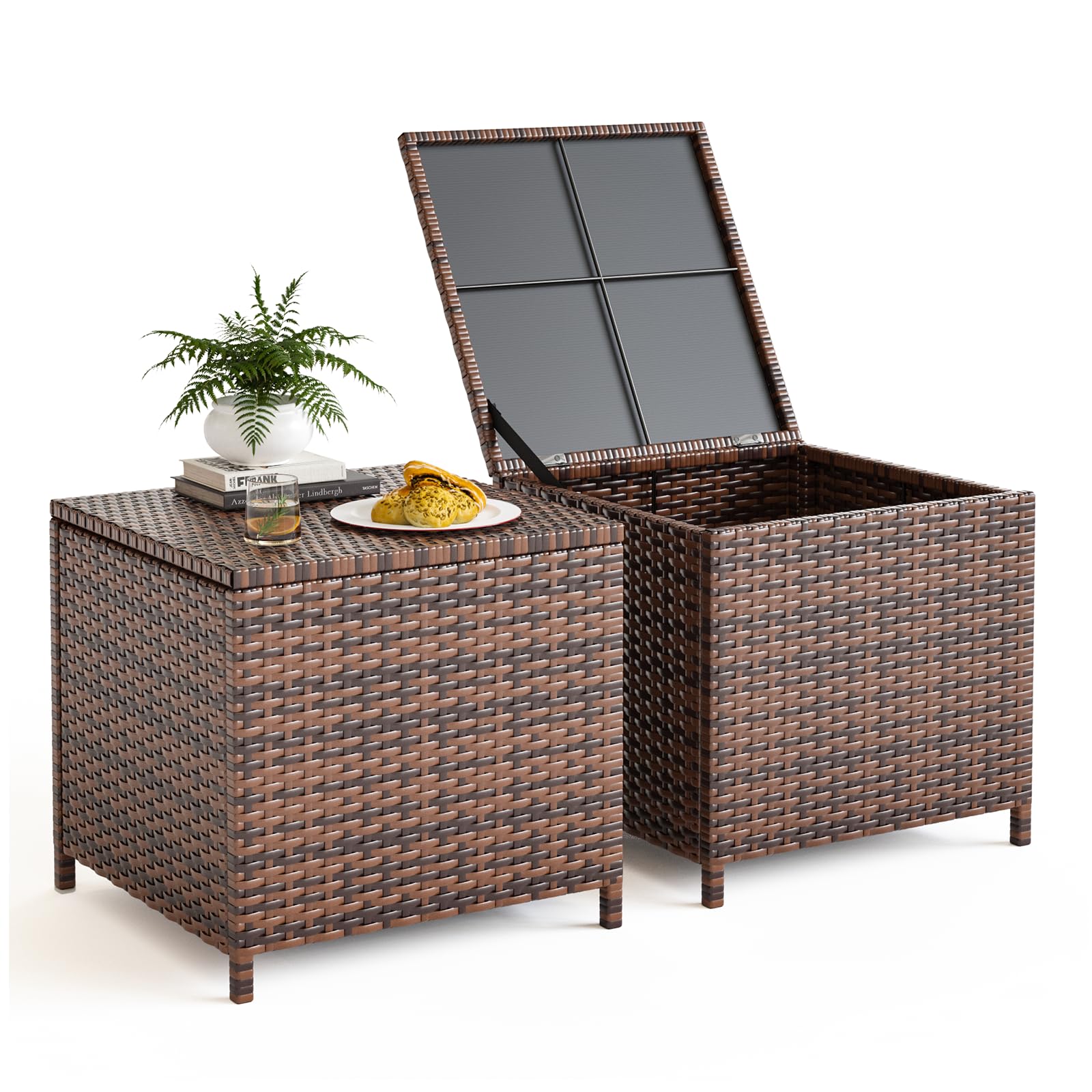 UDPATIO Outdoor Wicker Side Table with Storage Patio Rattan End Table Small Resin Square Container Coffee Table Backyard Pool for Furniture Covers, Toys and Gardening Tools (Grey)