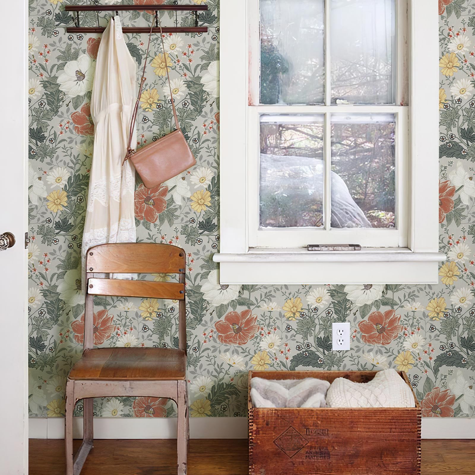 کاغذ دیواری وینتیج Simon&Siff با طرح گل مدرن، کاغذ دیواری چسبان قابل جدا شدن، مناسب برای خانه‌های روستایی، کاغذ تماس گیاهی، مناسب برای مستأجران، قابل استفاده برای کابینت‌ها، روی پیشخوان و دیوار، اندازه 17.3 اینچ در 118 اینچ