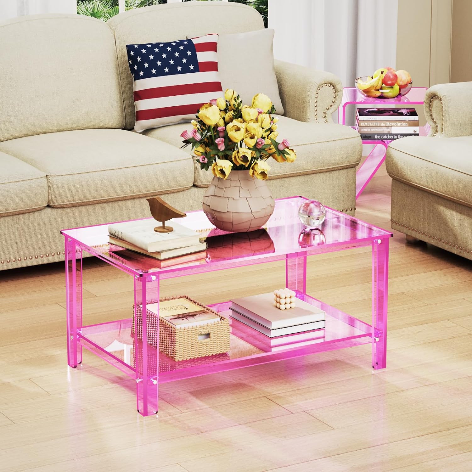 Acrylic Coffee Table with Storage Shelf,Rectangle Living Room 2-Tier Center Table for Small Spaces (Rectangle, Pink, Nomal)