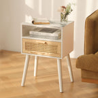 MaxSmeo End Table with Storage Mid Century Nightstand with Rattan Drawer and Shelf, Wood Small Side Coffee Table for Small Space, Living Room and Bedroom, Easy Assembly (Black)