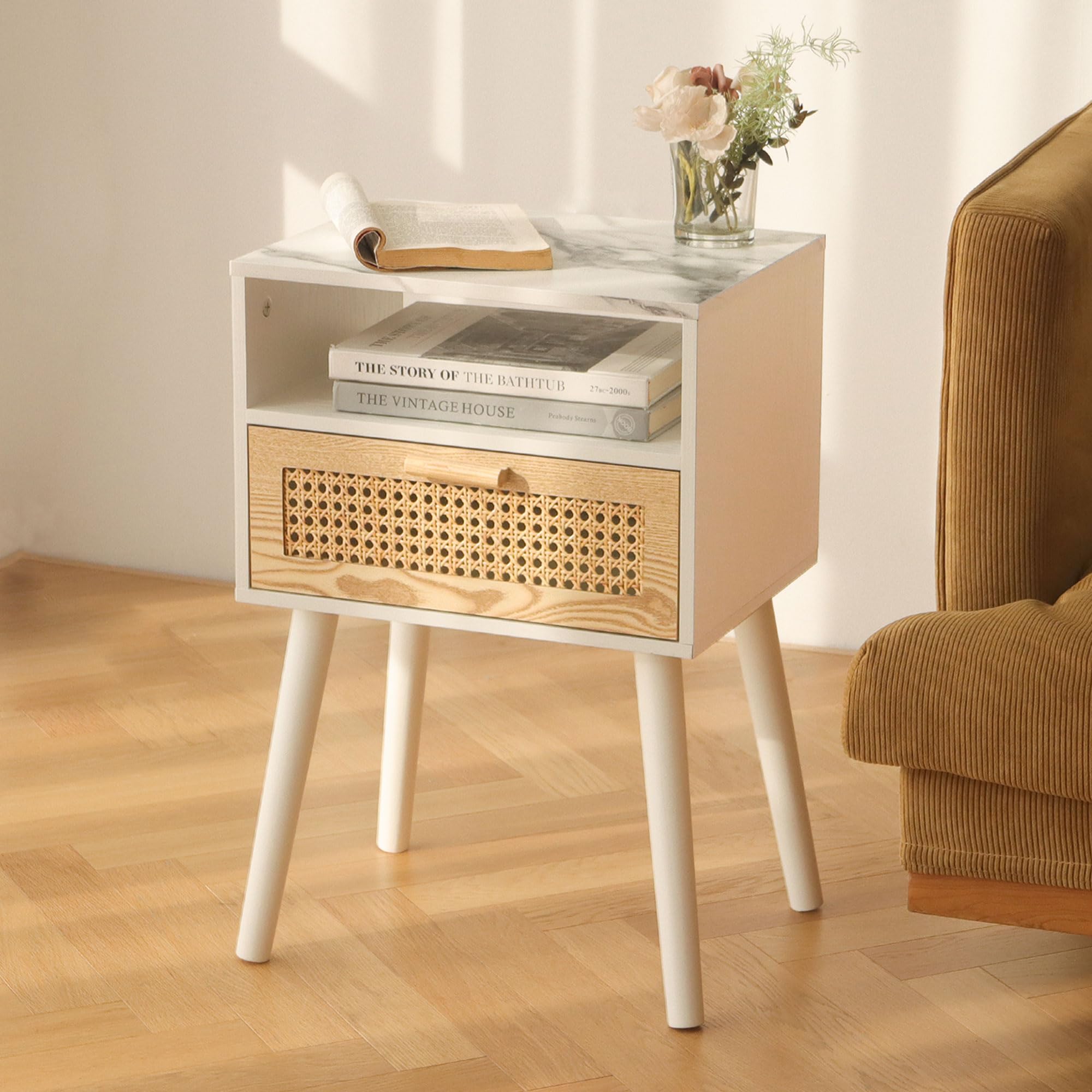 MaxSmeo End Table with Storage Mid Century Nightstand with Rattan Drawer and Shelf, Wood Small Side Coffee Table for Small Space, Living Room and Bedroom, Easy Assembly (Black)