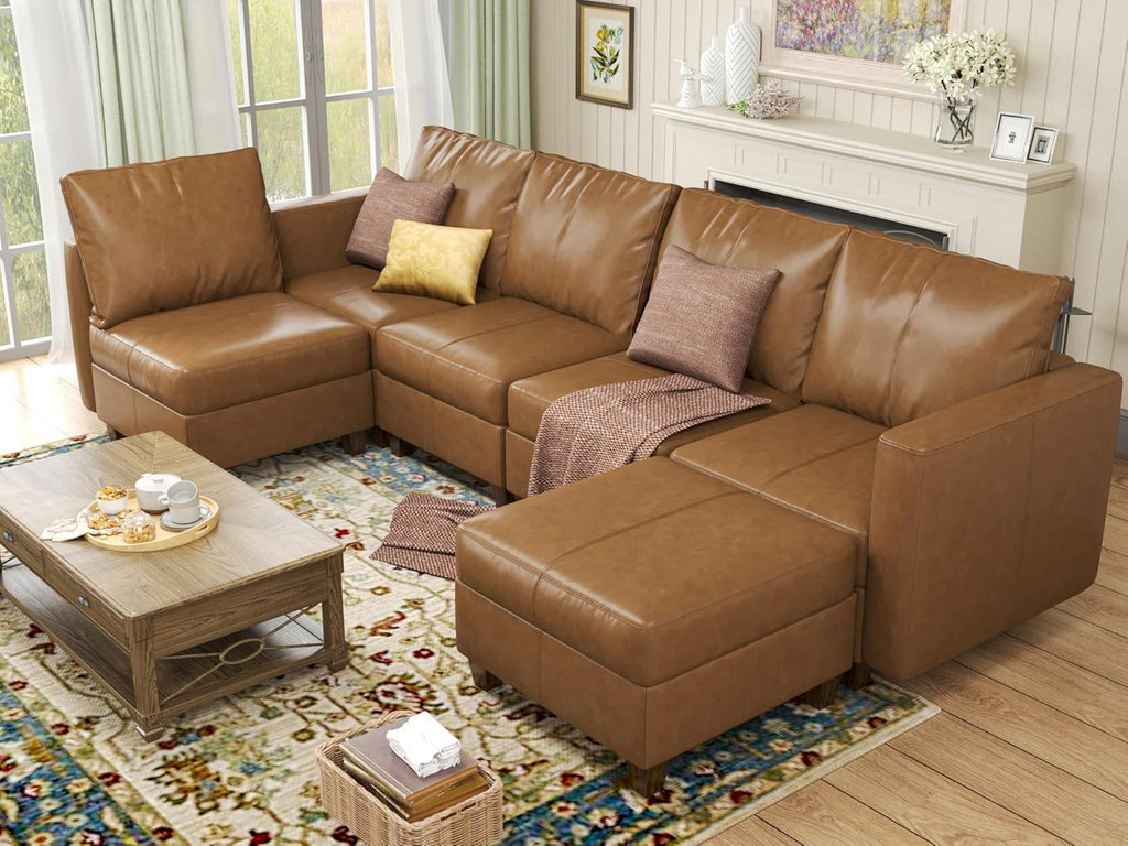 EASE MOOSE Faux Leather Sectional Modular Sleeper Sofa Sectional Sofa Bed with Storage, Faux Leather Modular Sofa Sectional Couch Brown