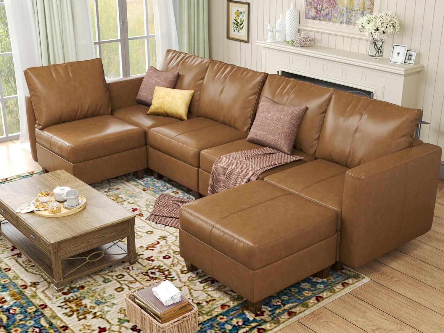 EASE MOOSE Faux Leather Sectional Modular Sleeper Sofa Sectional Sofa Bed with Storage, Faux Leather Modular Sofa Sectional Couch Brown