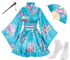 Japanese Anime Women's Dance Kimono Robe Fancy Dress Hand Held Silk Folding Fans Tabi Hairstick Socks Set