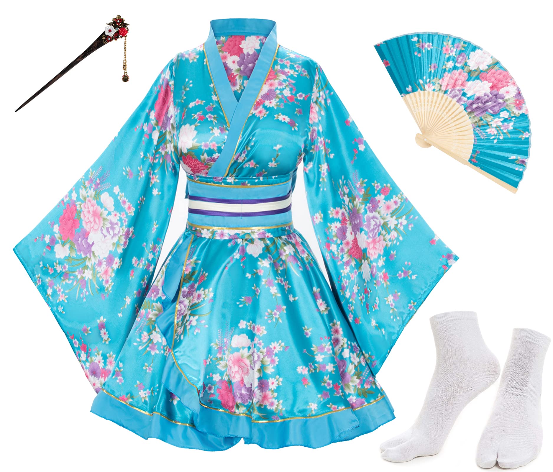 Japanese Anime Women's Dance Kimono Robe Fancy Dress Hand Held Silk Folding Fans Tabi Hairstick Socks Set