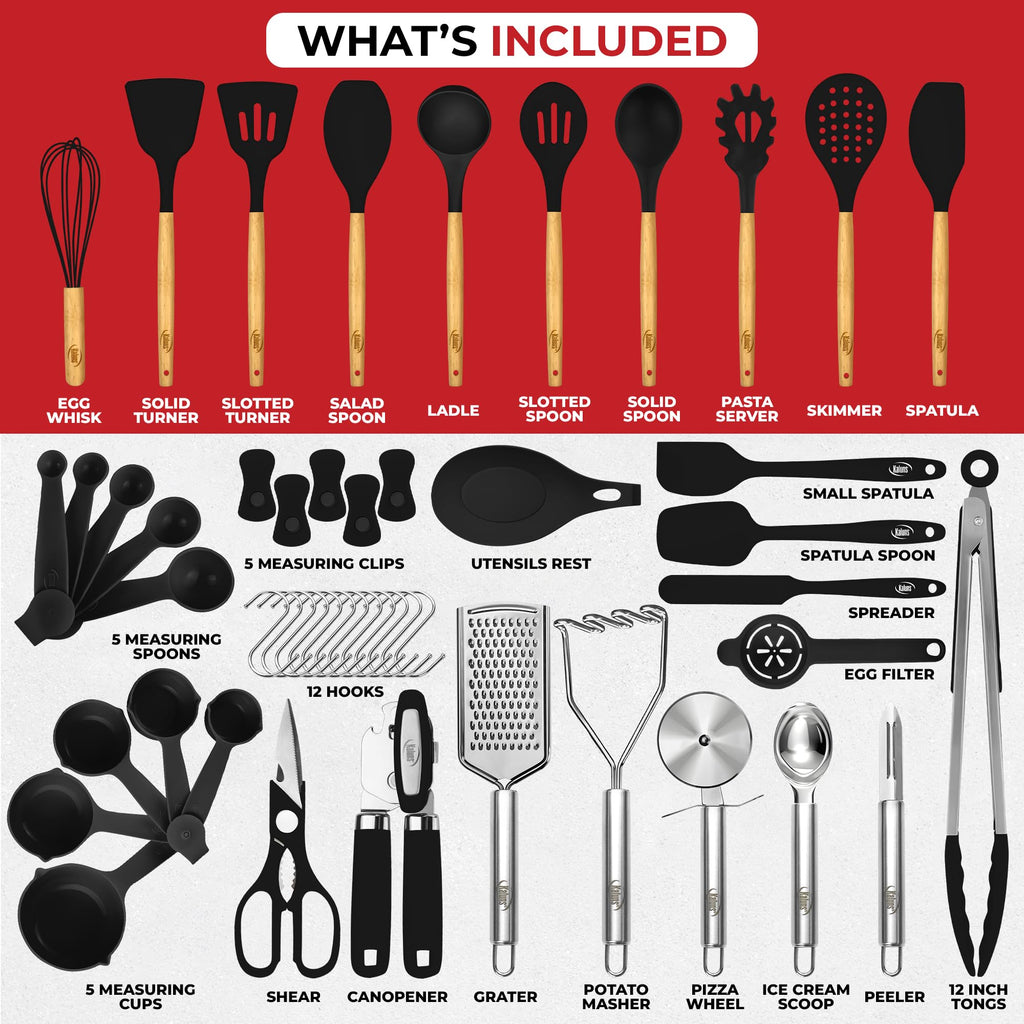 Kaluns 50 PCS Silicone Kitchen Utensils Set - Mothers's Day Gifts For Mom Wife Complete Kitchen Set 800°F Heat Resistant Non-Stick Premium Silicone Cooking Utensils W Wooden Handles Gifts For Mothers