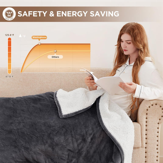 Westinghouse Heated Blanket Queen Size, Soft Flannel to Sherpa Electric Blanket with 10 Heating Levels, 12 Hours Auto Off, Fast Heating Blanket, Machine Washable, 84x90 Inch, Charcoal