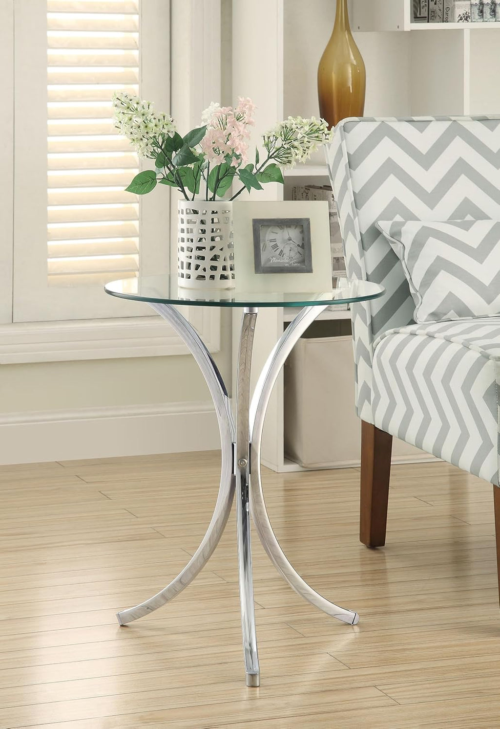 Coaster Home Furnishings - Eloise - Glass and Metal - 18-Inch Round Glass Top Contemporary Side Table with Curved Frame and Plastic Glides - Living Room - Chrome - 902869