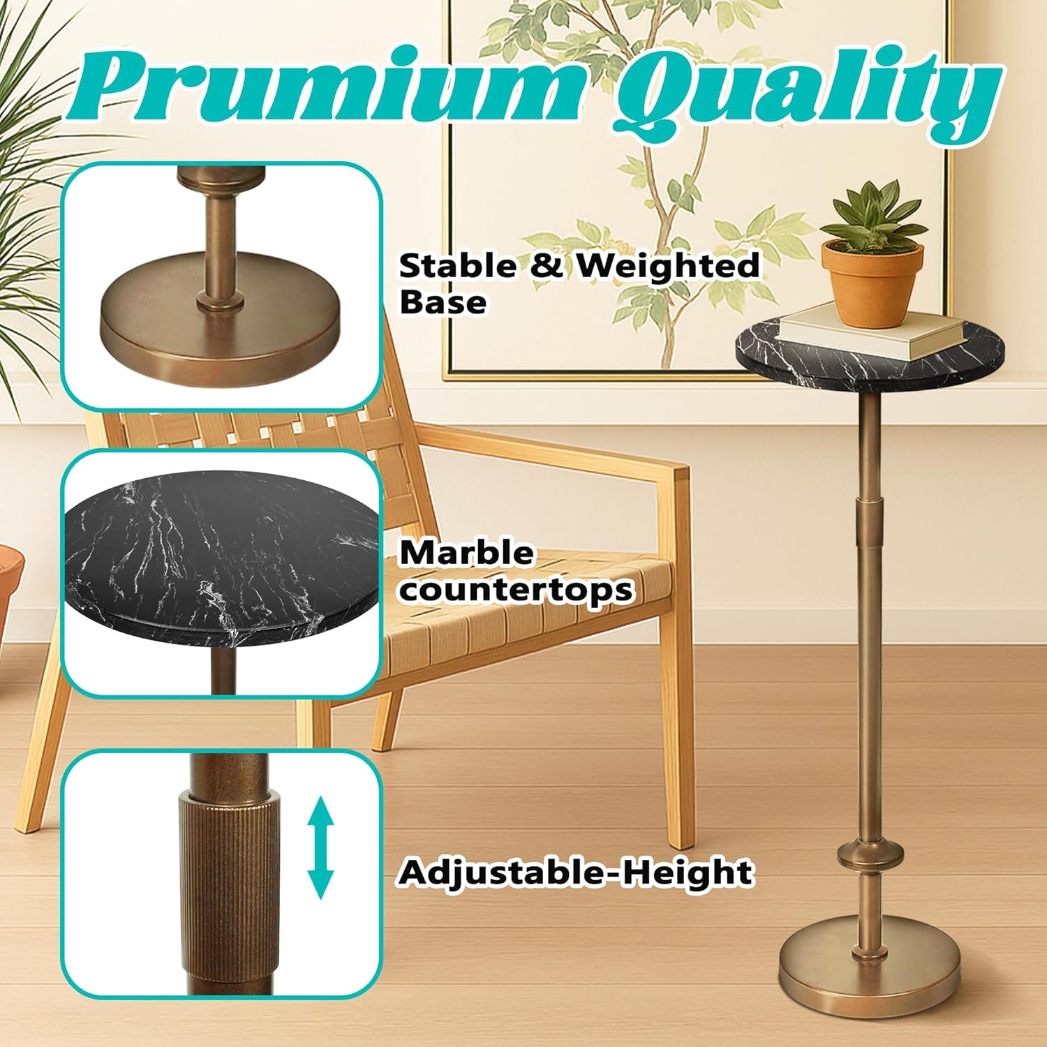 Martini Table Height Adjustable, Drink Tables for Small Spaces, Round Side Table, Tiny Side Tables for Living Room, Bedroom, Cocktail, Black (Black)
