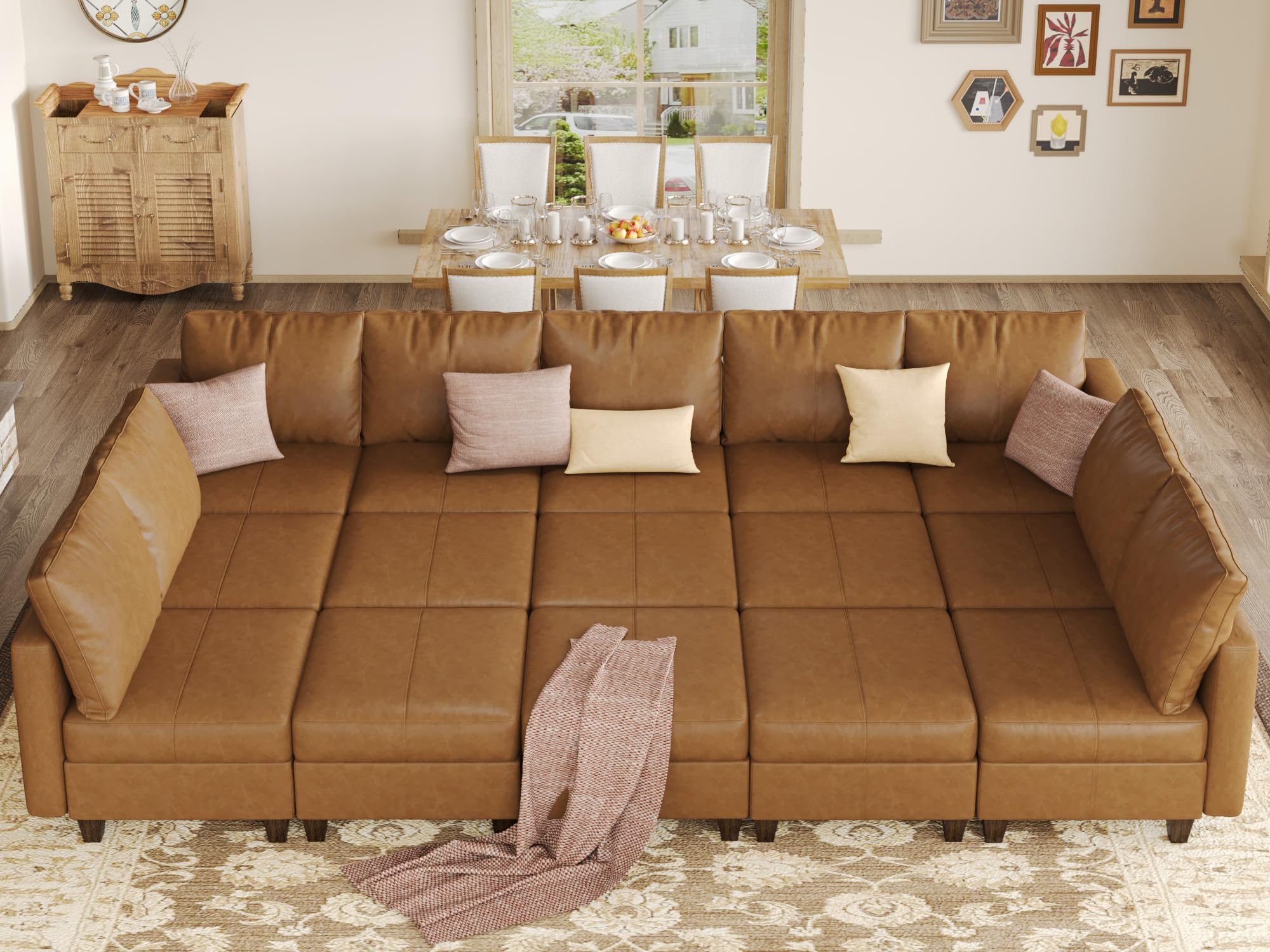 EASE MOOSE Faux Leather Sectional Modular Sleeper Sofa Sectional Sofa Bed with Storage, Faux Leather Modular Sofa Sectional Couch Brown