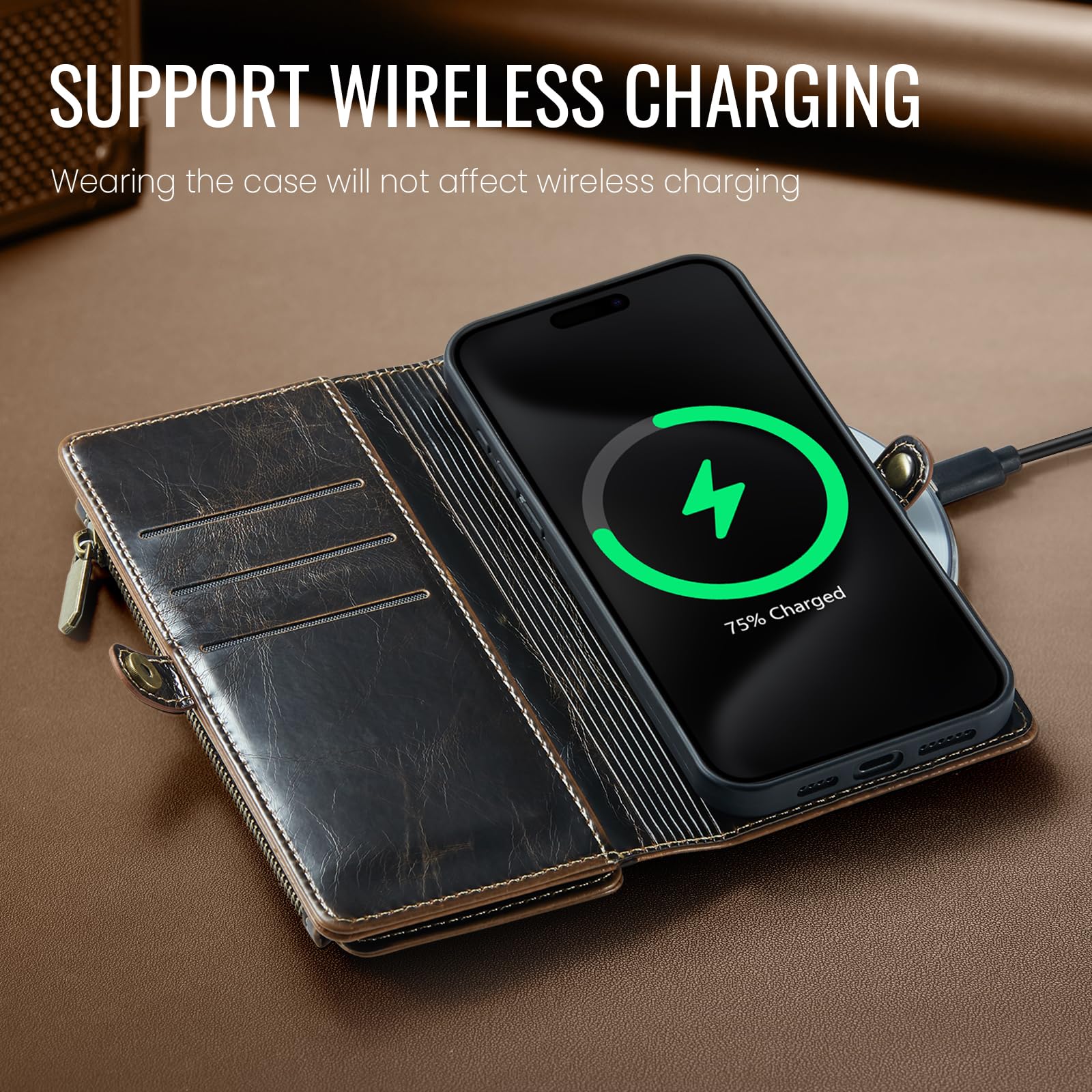 Defencase Compatible with iPhone 13 Pro Max Case Wallet with RFID Blocking Card Holder for Women Men, PU Leather Magnetic Snap Flip Zipper Strap Wallet Phone Case Fit for iPhone 13 Pro Max 6.7, Coffee