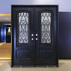 72" x 80" Environment Damage Resistant Polyurethane Composite Exterior Entry House Front Door, Wrought Iron Door w/Openable Tempered Rain Glass Window, Right-Hand Double Espresso