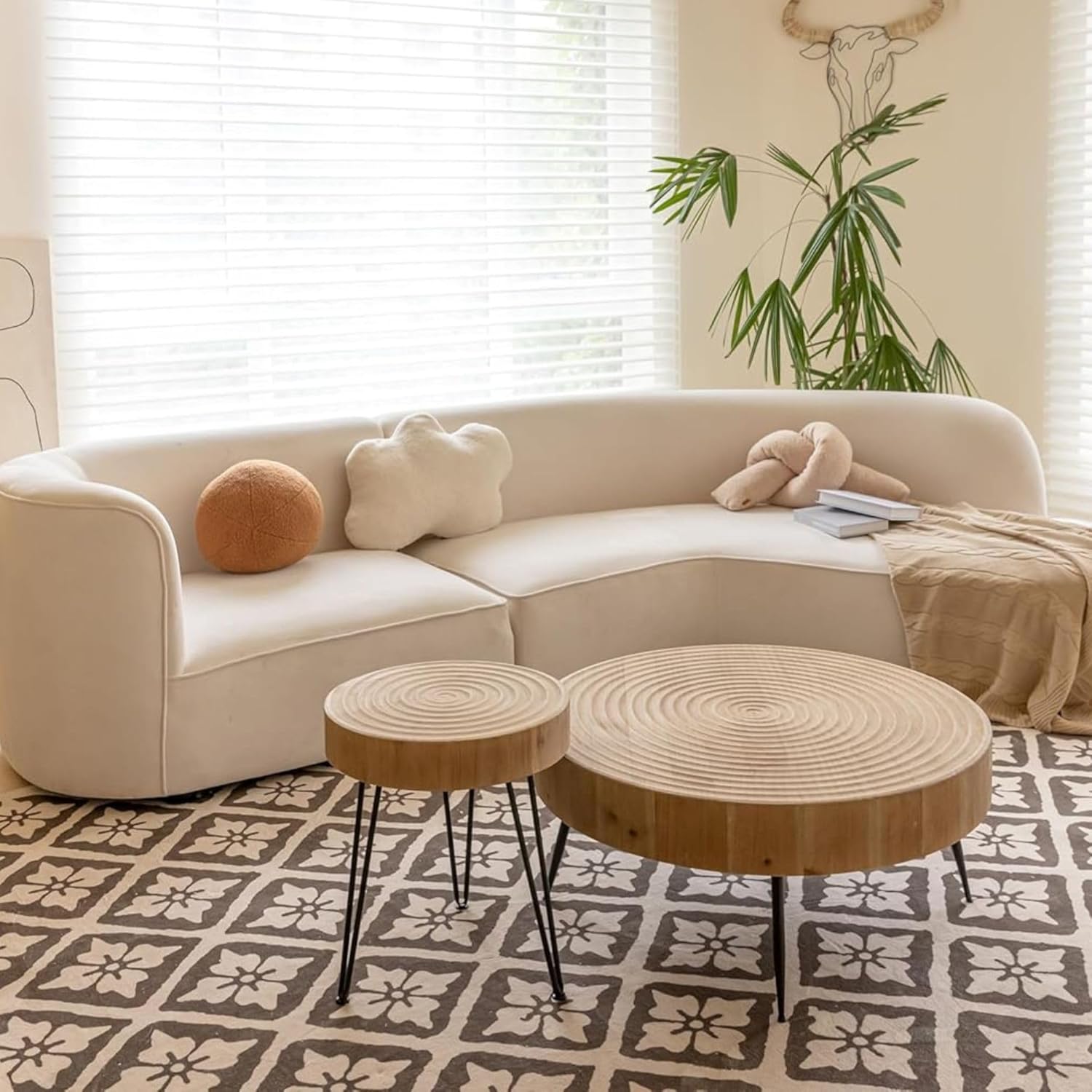 2-Piece Modern Farmhouse Living Room Coffee Table Set, Nesting Table Round Natural Finish with Handcrafted Wood Ring Pattern