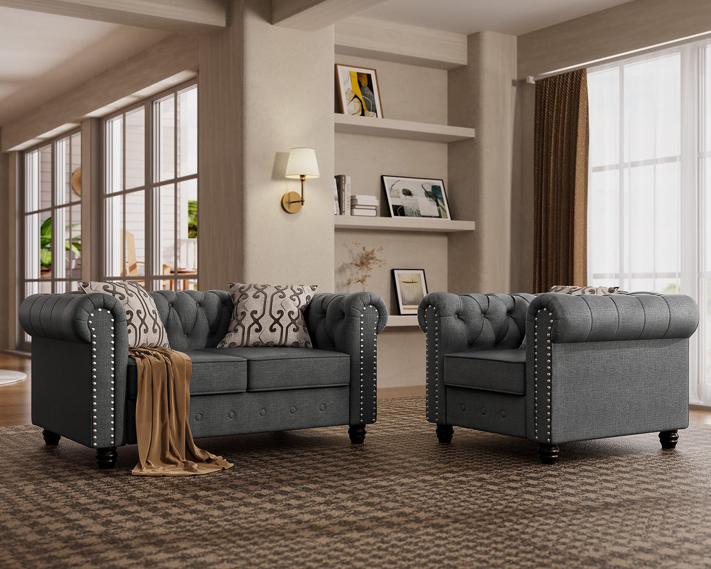 Morden Fort 2 Piece Classic Chesterfield 5-Seater Set, Tufted Loveseat & Sofa Furniture Solid Wood Legs Thick Cushion, Pet-Friendly Couch Set for Living Room Bedroom Apartment, Linen Beige