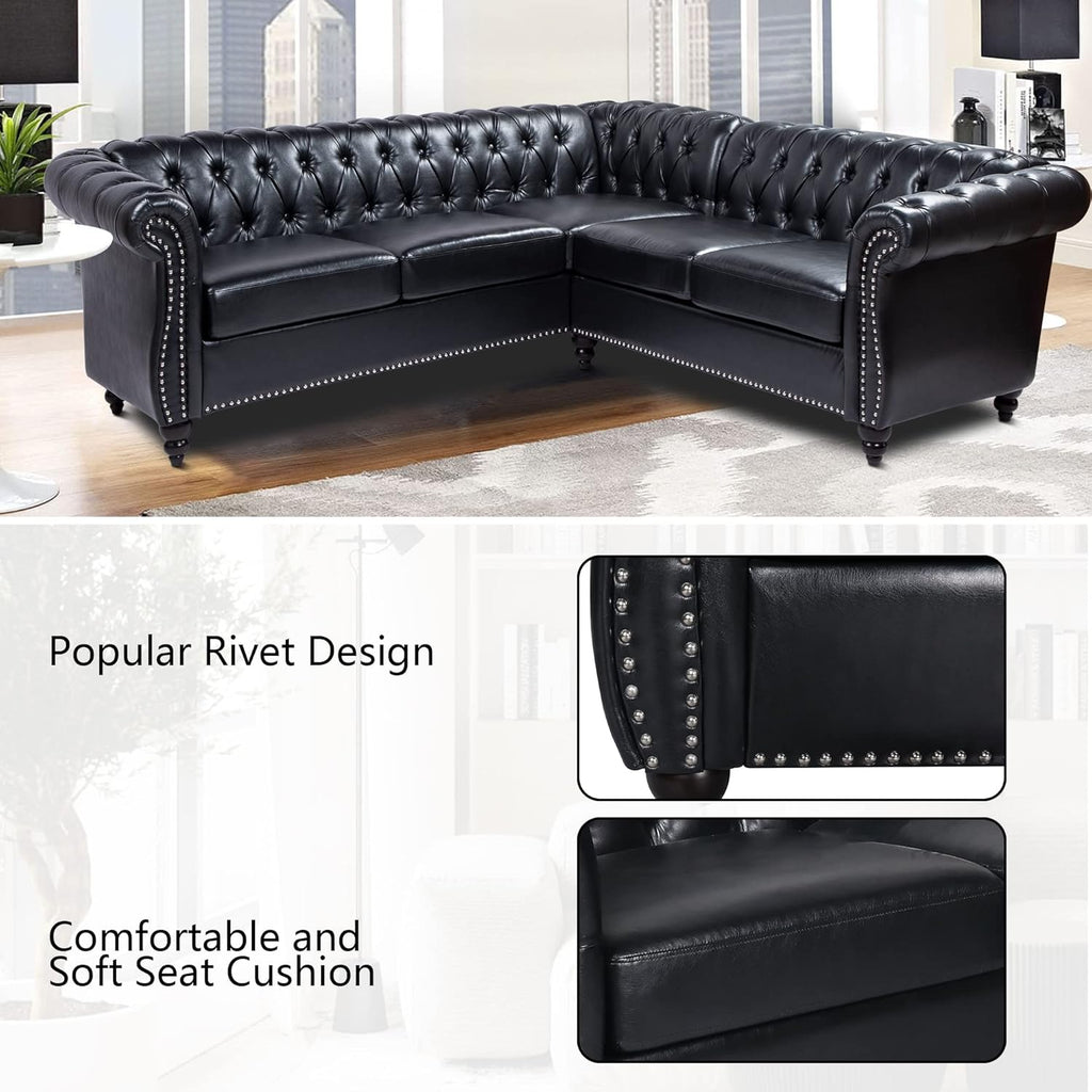 QHITTY L-Shaped Sofa, Sectional Chesterfield Leather Couch 5-Seater Upholstered Small Accent Tufted Sofa with Rolled Armrest and Nailhead Design for Living Room, Apartment, Office (Black)