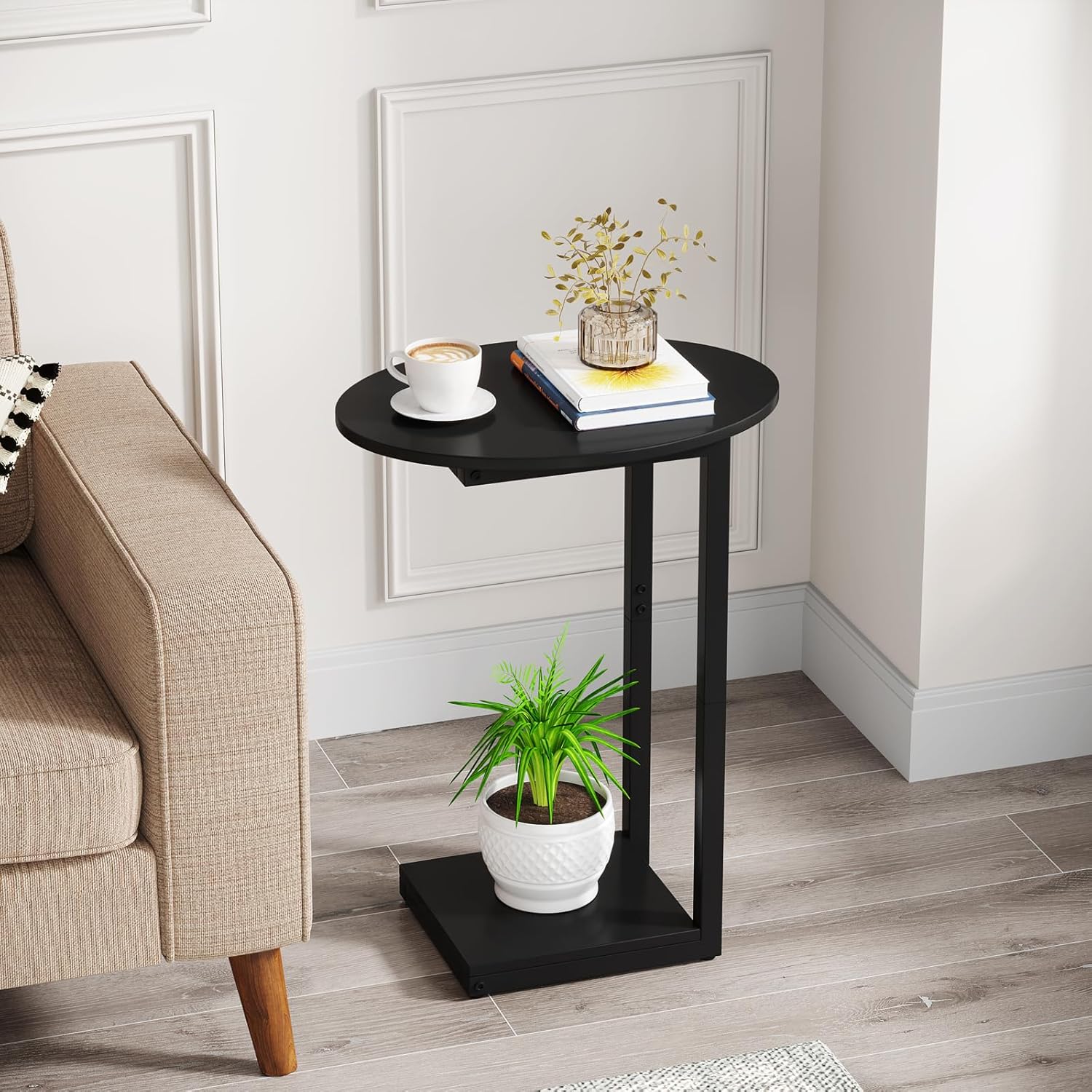 Hosfais Small Side Table End Table, C-Shaped Wood Coffee Table TV Tray for Eating Couch Tables for Small Space, Living Room, (Black)