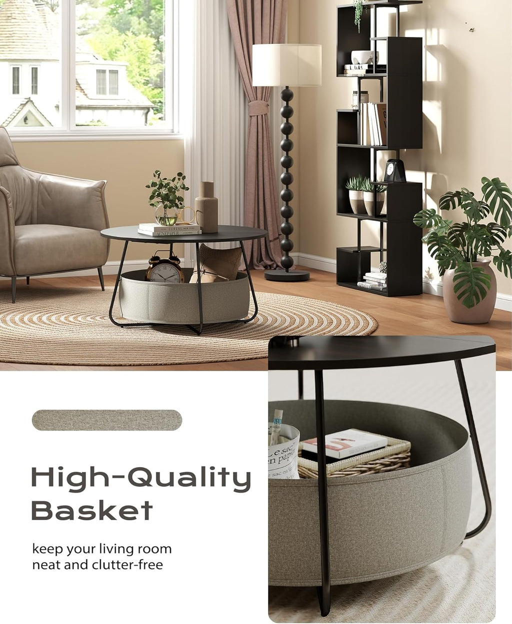 Manora Small Round Coffee Table for Living Room, Modern Center Table with Fabric Basket Storage, Cute Circle Table for Small Spaces, Metal Frame, Dark Brown and Black