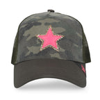 Vintage Havana Camo Trucker Hats Women Neon Pink Star & Gold Glitter Star Underlay | Mesh Adjustable Snapback Hat | Men Women Baseball Cap