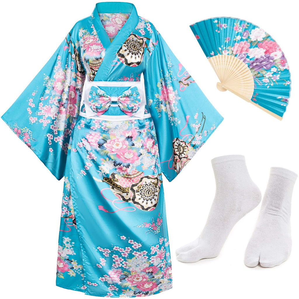 Japanese Anime Women's Kimono Robe Geisha Yukata Sweet Dress Blossom Satin Bathrobe Sleepwear Fans Tabi Socks Set