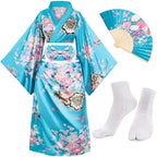Japanese Anime Women's Kimono Robe Geisha Yukata Sweet Dress Blossom Satin Bathrobe Sleepwear Fans Tabi Socks Set