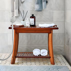 Jekruiet Teak Shower Chair Stool, 24 Inch Shower Bench Seat, Wooden Bathroom Bench with Storage Shelf for Adults, Elderly, Disabled Indoor & Outdoor Use
