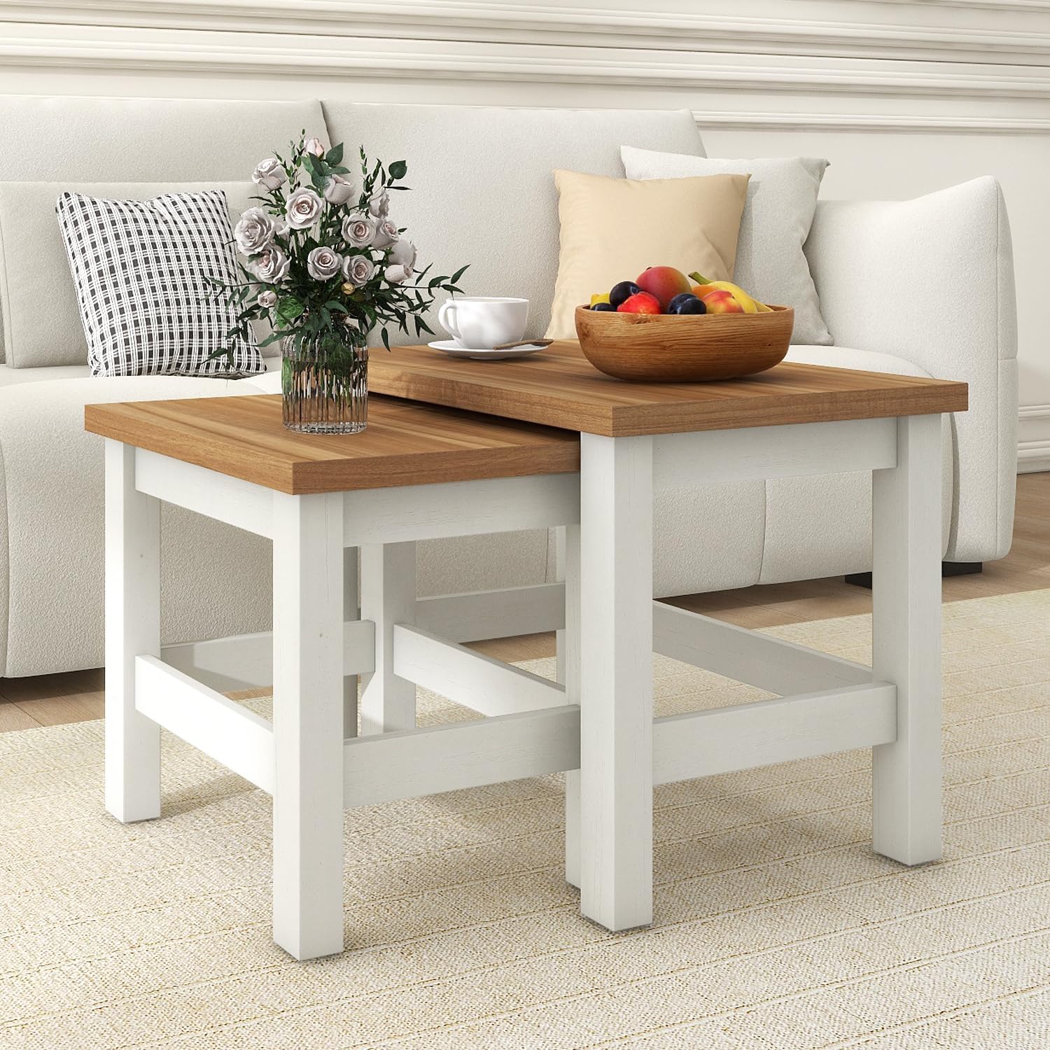 Vikiullf Farmhouse Nesting Table Set of 2, Wooden Coffee Tables, Modern Square End Table, Side Table for Living Room, Bedroom, Accent Bedside Table