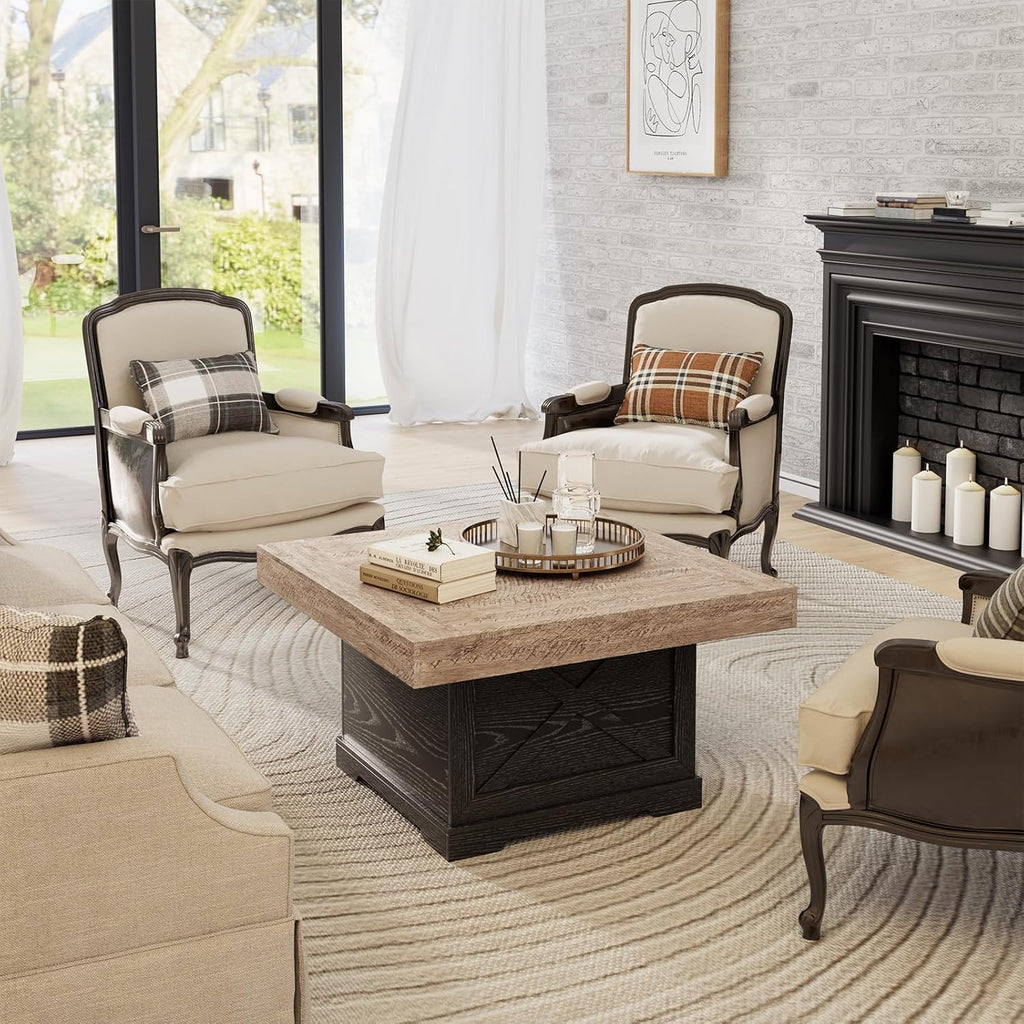 Coffee Table 31.5 in Rustic Center Table with X Design Wooden Pedestal for Living Room, Dark Oak Square Home Office Sofa Side Table for Small Space, Easy Assembly, Space-Saving