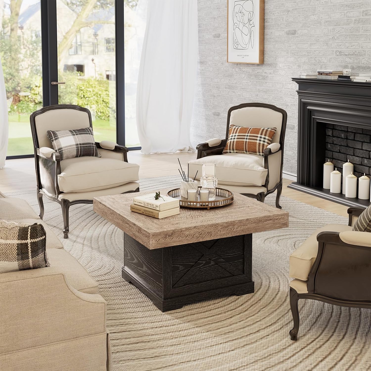 Coffee Table 31.5 in Rustic Center Table with X Design Wooden Pedestal for Living Room, Dark Oak Square Home Office Sofa Side Table for Small Space, Easy Assembly, Space-Saving