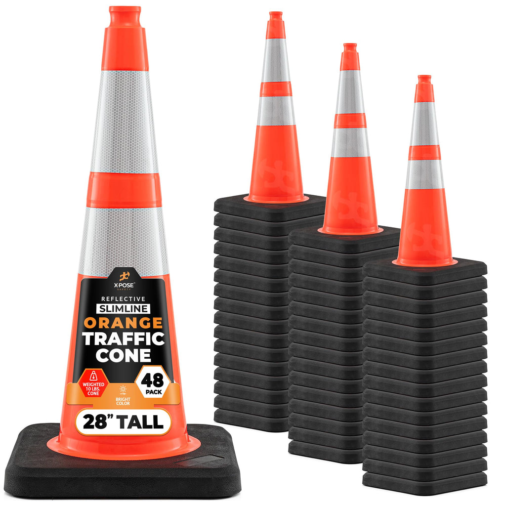 Xpose Safety 28 Inch Orange Slim Line Traffic Cones with 6" & 4" Collars, 24 Pack Multipurpose PVC Plastic Safety Cone for Parking, Soccer, Caution, Kids & Construction - DOT Approved