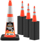 Xpose Safety 28 Inch Orange Slim Line Traffic Cones with 6" & 4" Collars, 24 Pack Multipurpose PVC Plastic Safety Cone for Parking, Soccer, Caution, Kids & Construction - DOT Approved
