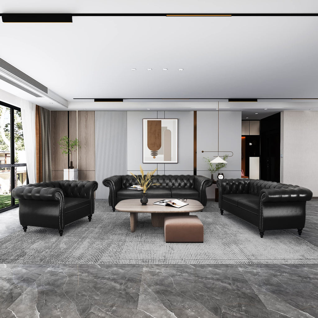 QHITTY 3 Piece Living Room Set, Sectional Chesterfield Sofa Chair Contemporary Upholstered Leather Loveseat Couch Sets for Living Room, Bedroom, Office