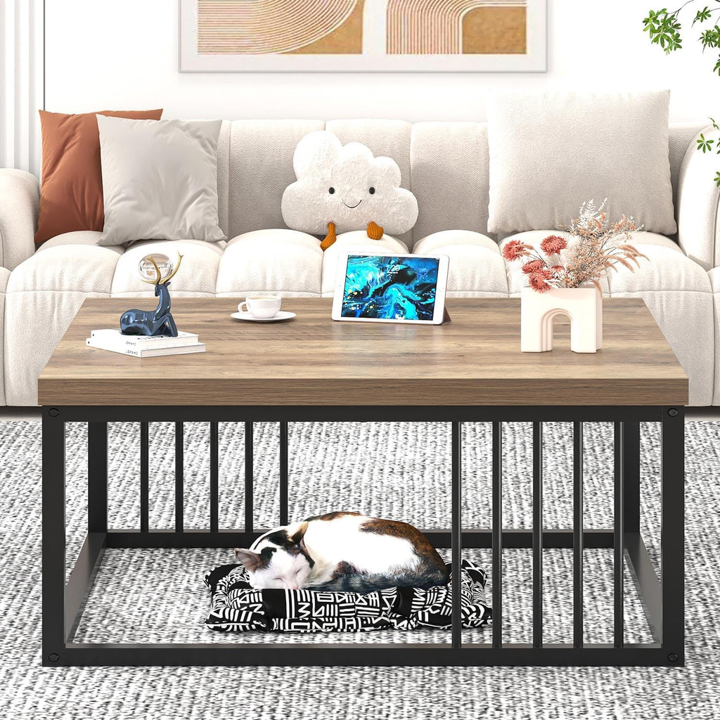 FOLUBAN Coffee Table, Modern Square Center Table for Living Room, Industrial Rustic Wood and Metal Cocktail Tea Table, 31.5 Inch, Oak