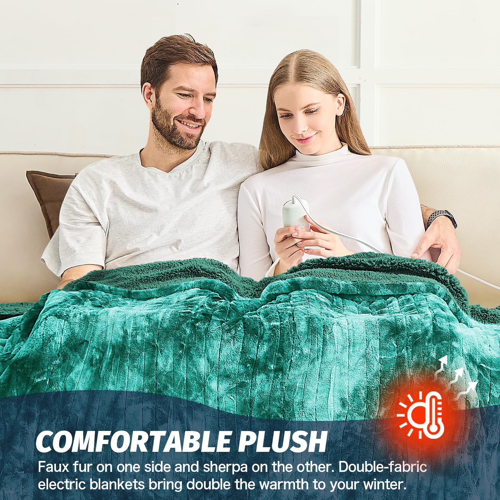 Manta Elétrica Aquecida OCTROT - Manta de Aquecimento em Sherpa de Lã para Sofá, Manta de Aquecimento de Pelo Sintético para Colo com Temporizador de 5 Posições e 10 Níveis de Aquecimento, Certificação ETL&FCC, para Adultos
