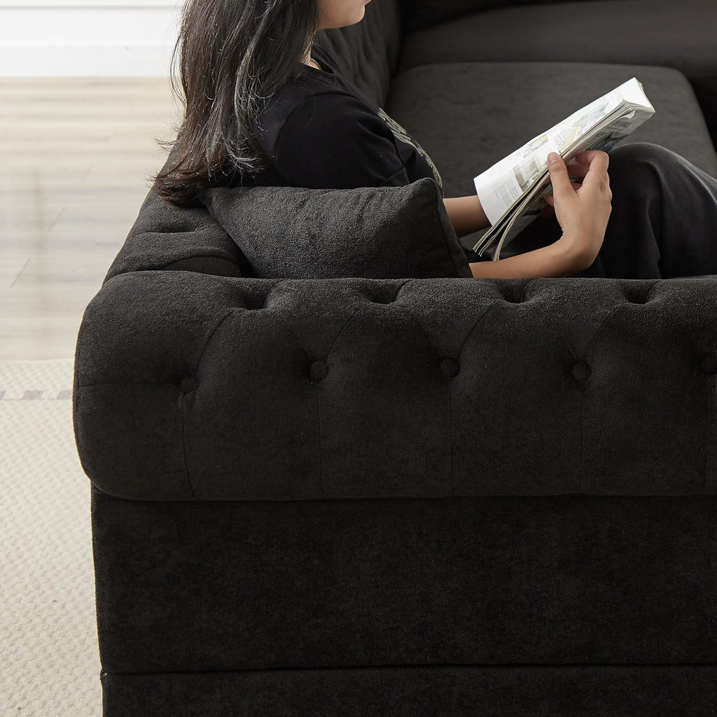 U-Shaped Oversized Symmetrical Sectional Sofa Couch Classic Chesterfield Scroll Armrest Button Tufted Sofa&Couch with Extra Wide Chaises and 2 Pillows for Living Room Home Theater/Office/Apartment