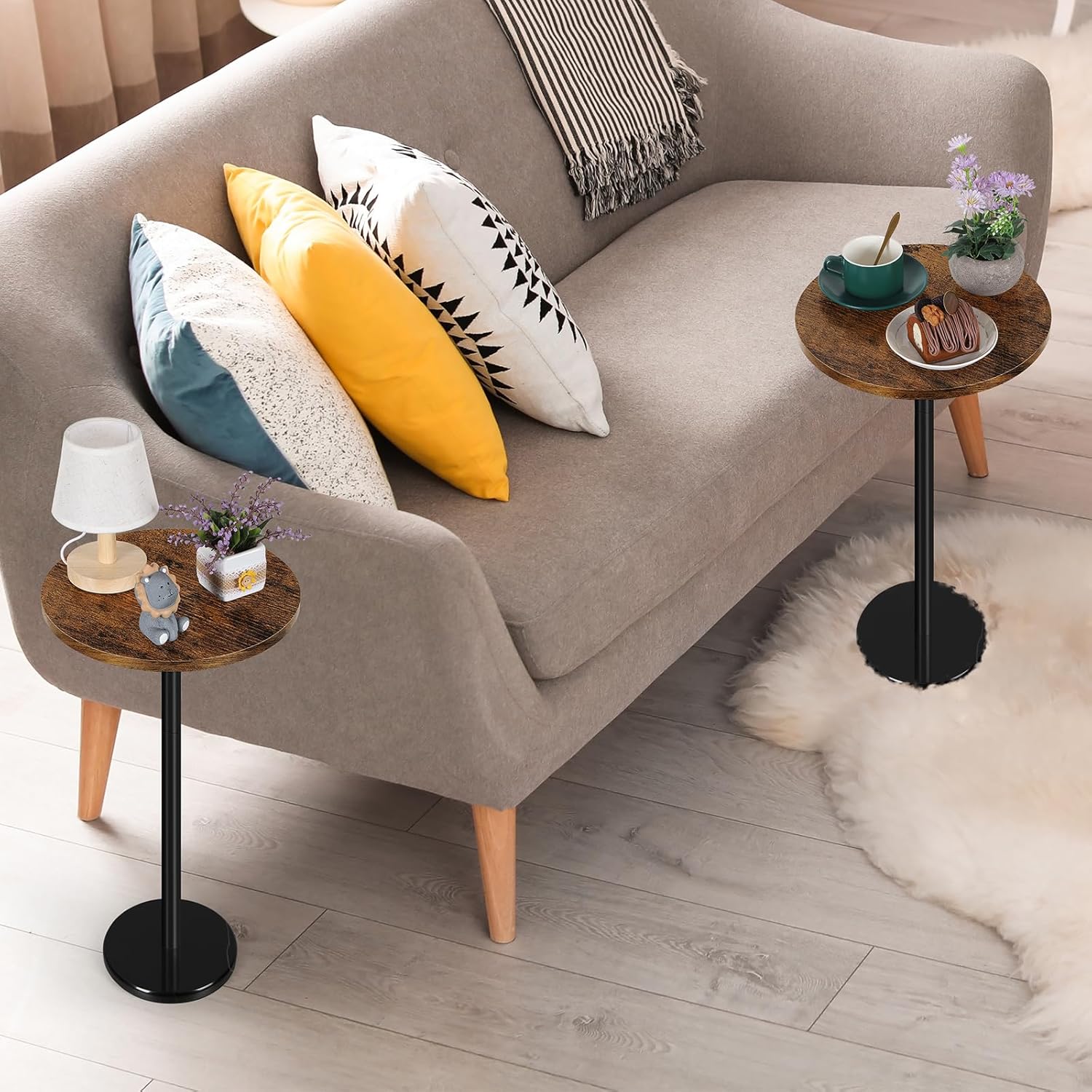 Round Side Table Set of 2 Small Drink Pedestal Accent End Coffee Cocktail Table with Marble Base for Small Spaces Living Room Sofa Outdoor Brown and Black