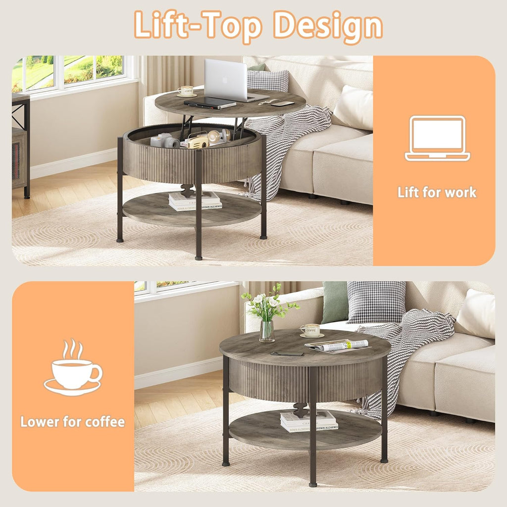 Small Round Coffee Table with Fluted Panel, Lift Top Coffee Table with Hidden Compartment and Open Shelf, Modern Lift Tabletop Dining Central Table for Living Room, Home Office, Grey