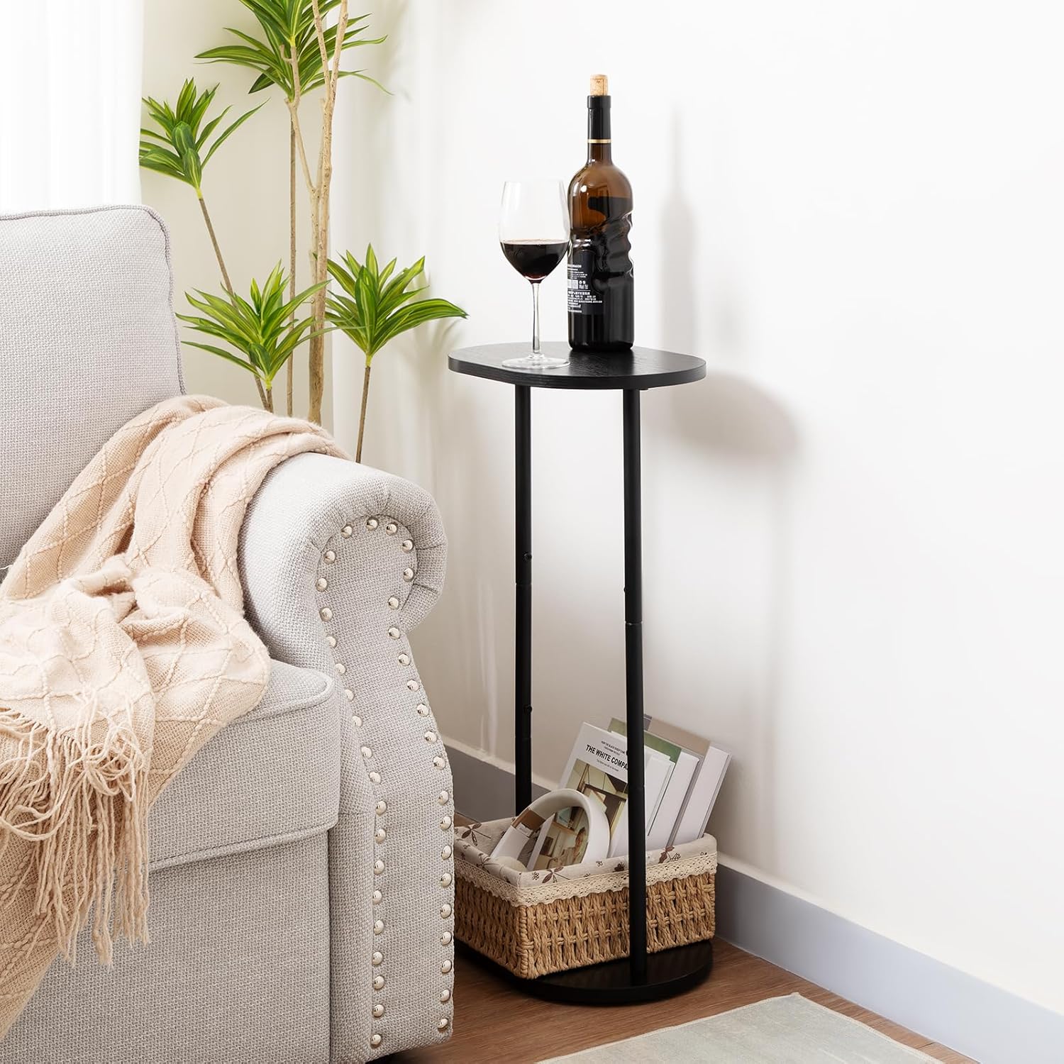 Narrow Side Table, 2-Tier Oval Drink End Table with Wheels for Living Room, Skinny Nightstand for Small Spaces, Bedroom, Bathroom, Black, HETNR01BK-1