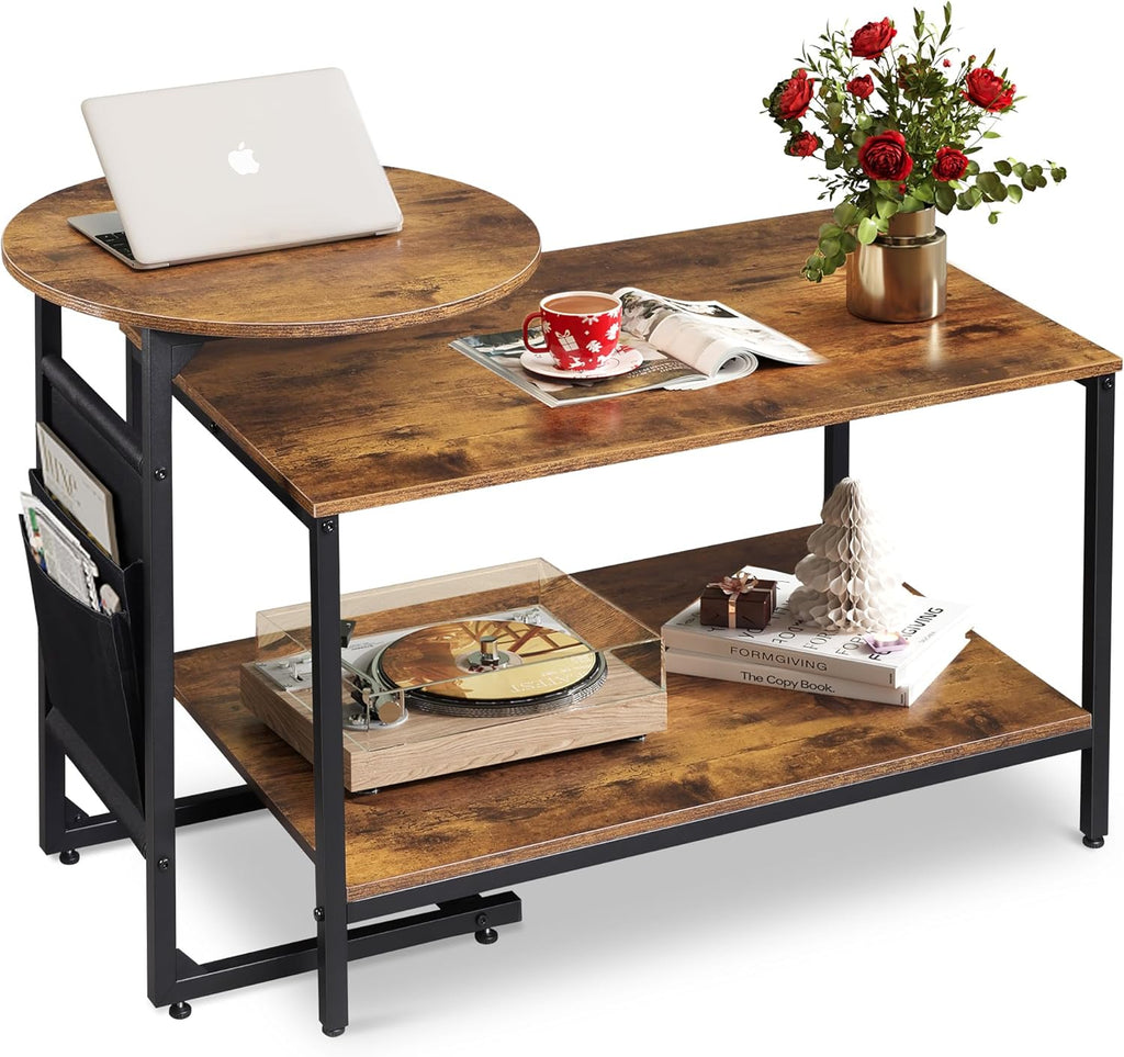 WLIVE Coffee Table, 31.3" and 18.7" Small Coffee Tables for Living Room, Modern Center Table and Side Table Set with Storage Side Pouch for Bedroom, Apartment, Rustic Brown