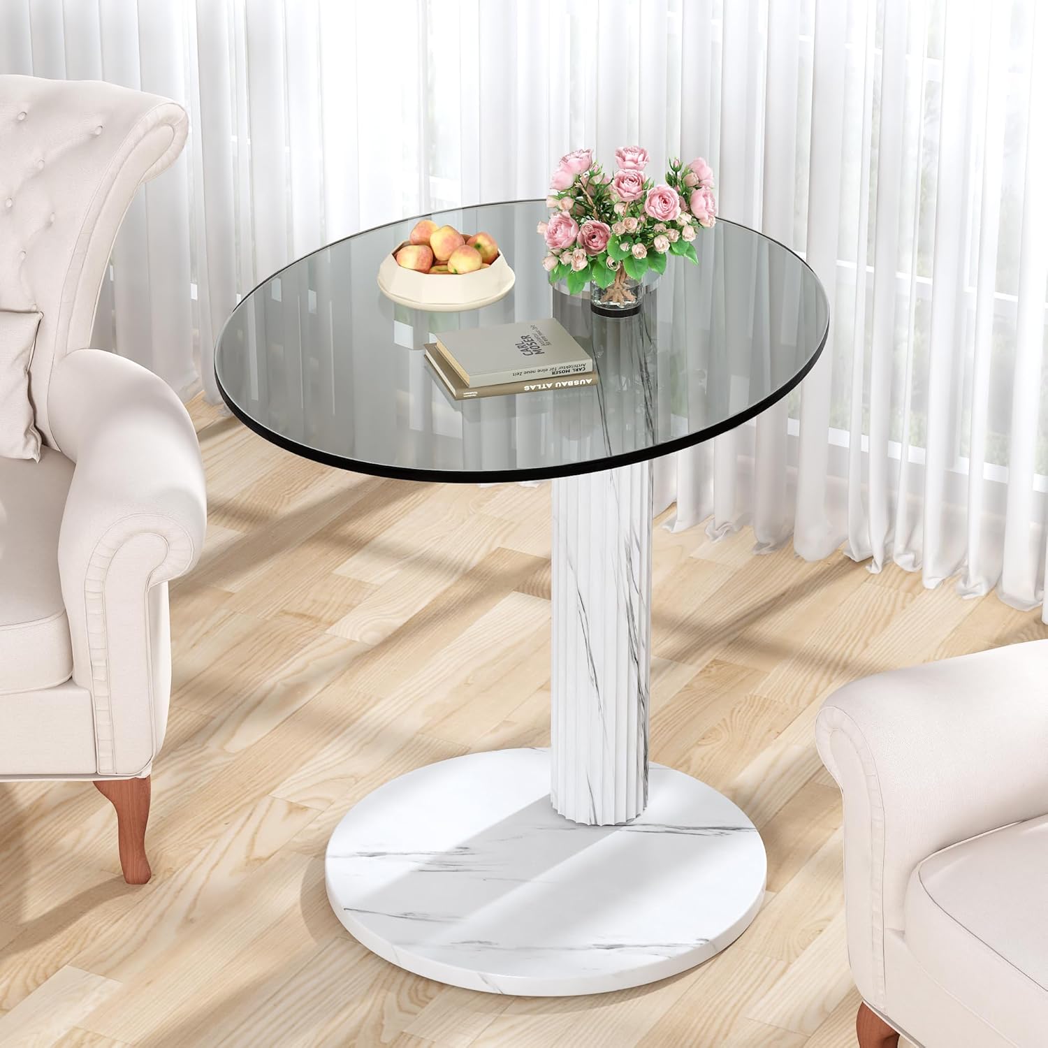 Hooseng Glass Round Coffee Table End Table, 22-Inch Modern Tempered Transparent Glass Top,Perfect for Living Room,Cafe,Home,and Office(White)
