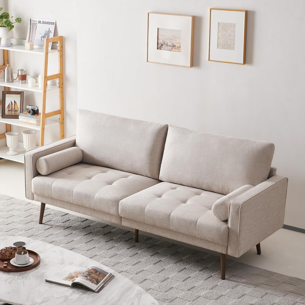 Vonanda Faux Leather Sofa Couch, Mid-Century 73 Inch 3 Seater Leather Couch with Hand-Stitched Comfort Cushion and Bolster Pillows for Living Room,Elegant Cognac Tan