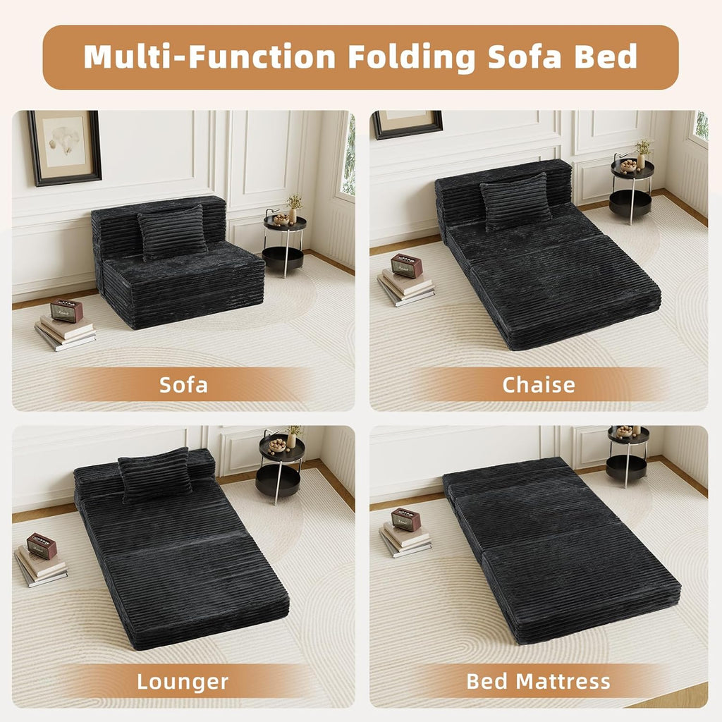 Folding Sofa Bed Twin - 4 in 1 Convertible Foldable Sleeper Chair with Pillow, Fold Out Couch, High-Density Foam Floor Mattress, Space-Saving Futon for Living Dorm Guest Room and Office, Grey