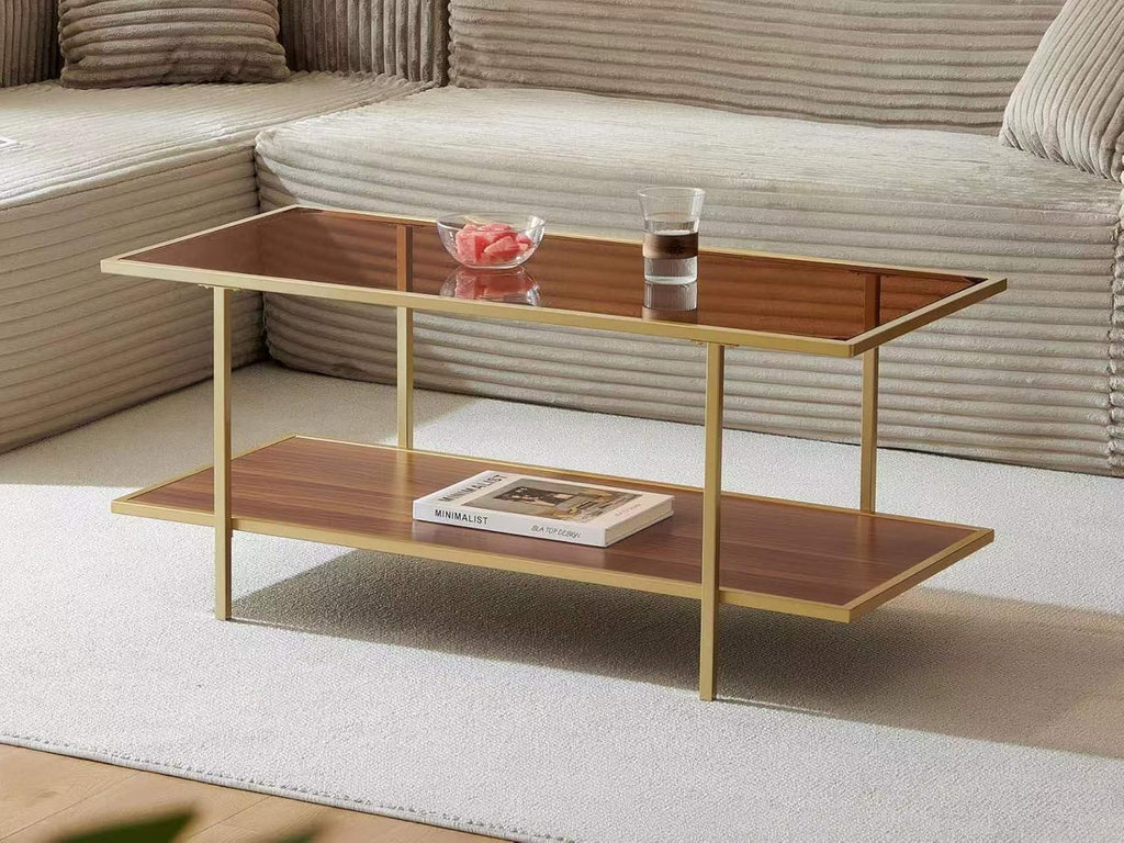 Modern Rectangle Glass Coffee Table with Amber Glass Top, Rectangle Glass Table for Living Room, L41''×W19''×H18'', Gold Table Legs Structure & Amber Glass Top